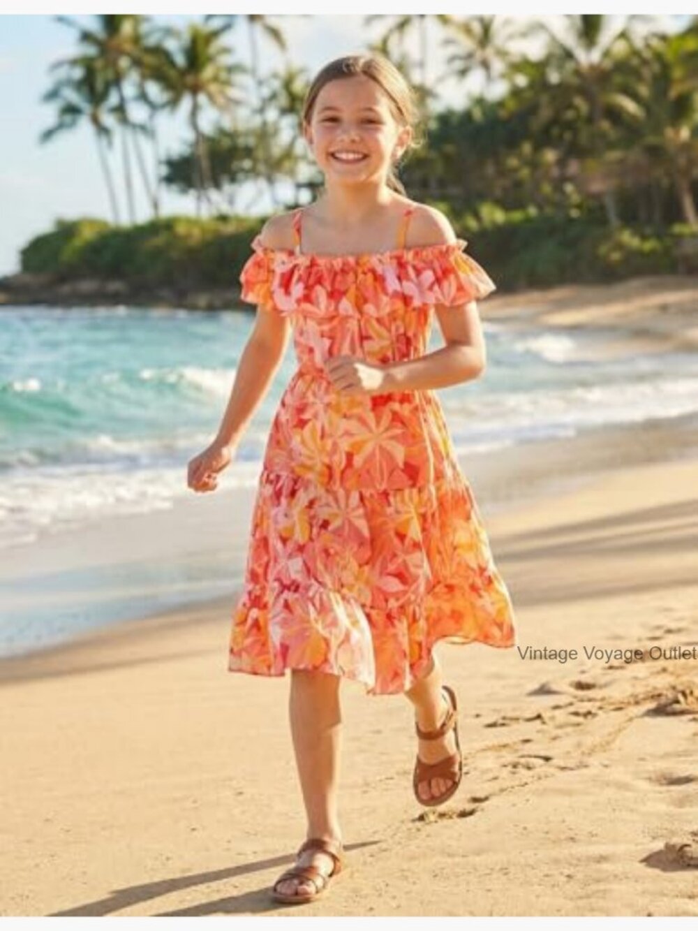 Girls Off Shoulder Floral Tiered Midi Sundress Ruffle Spaghetti Strap - Picture 3 of 7